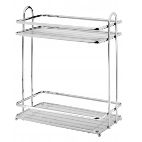 Estantería de baño rectangular BLANCA de 2 niveles, en acero cromado brillo, para uso independiente o de pared