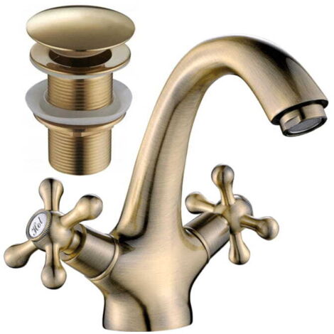 Grifo de lavabo retro de latón antiguo con tapón, de pie, Stilo
