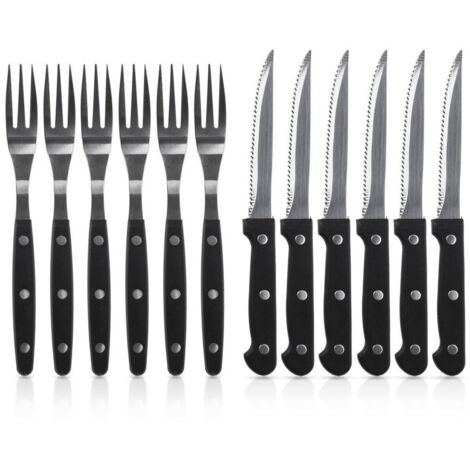 12 cubiertos para filetes, hamburguesas, pizza, carne, parrilla, cuchillo de sierra, tenedor (1/5)