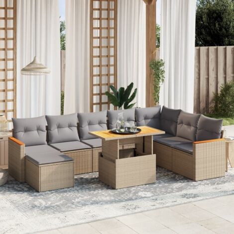 Set de sofás de jardín 9 pzas con cojines ratán sintético beige vidaXL