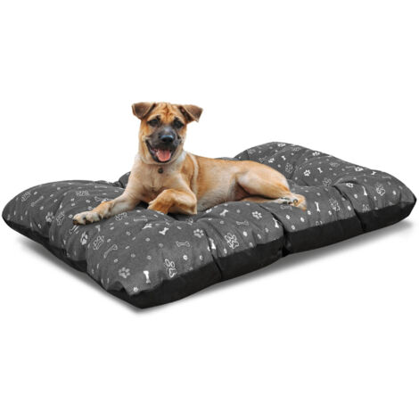 Cama para perros PRESTIGE con cojín de 80x60 cm, impermeable, con forma de huesos plateados.