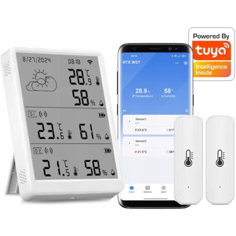 Estación meteorológica LCD WiFi Tuya + 2 sensores externos de temperatura y humedad