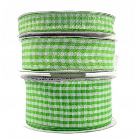 Cinta de satén a cuadros verde, rollo de 25 mm y 22 m para decoración. (1/5)