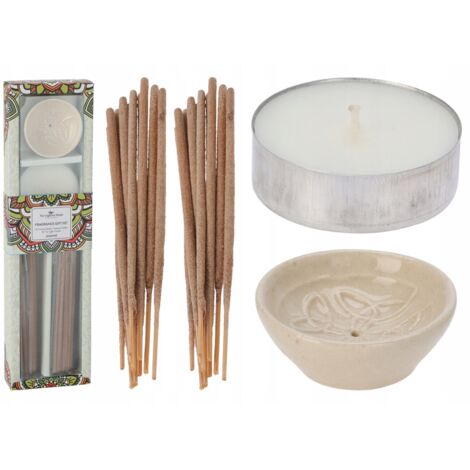 Juego de 20 varillas de incienso, varios aromas, soporte de cerámica y vela de té.