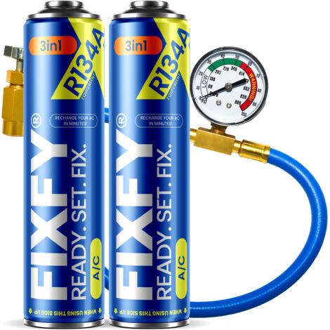 Kit de recarga de aire acondicionado FIXFY 3 en 1 de 500 ml - 2 bidones grandes + manguera R134a