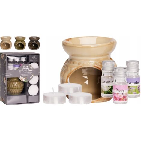 Juego de chimenea de cerámica con aceites esenciales, 3 aromas y 1 vela de té.