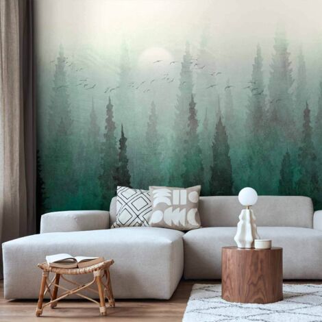Fotomural - Vista de pájaro - Paisaje de bosque verde con árboles en la niebla (1/5)