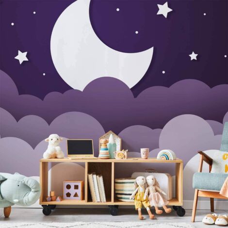 Sueño de Luna - Nubes en el cielo púrpura con estrellas para fondo de pantalla infantil (1/5)