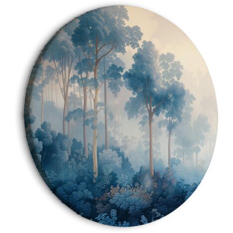 Cuadro redondo - Paisaje con árboles al estilo ilustrativo de un bosque azul de cuento de hadas / Una arboleda en tonos azules brumosos