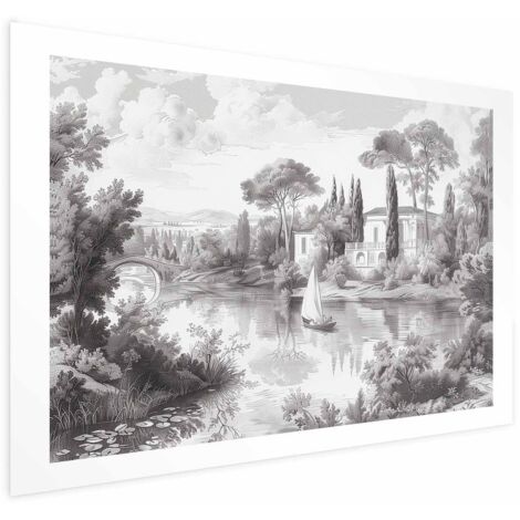Póster - Paisaje vintage en blanco y negro con un estanque (1/4)