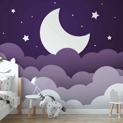 Sueño de Luna - Nubes en el cielo púrpura con estrellas para fondo de pantalla infantil (1/5)