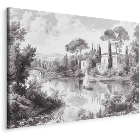 Imagen - Paisaje vintage en blanco y negro con vista retro de un estanque con un bote / Paisaje vintage en blanco y negro con un estanque