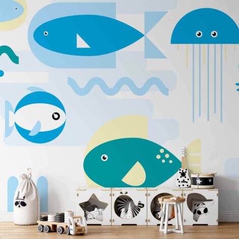 Fotomural - Animales en el mar - peces azules geométricos en el agua para niños