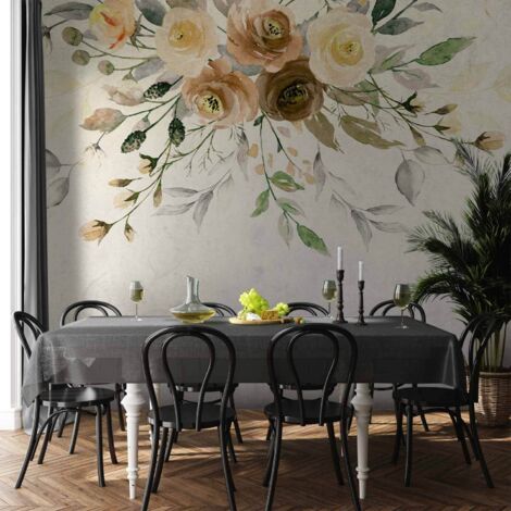 Fotomural - Flor de verano - motivo vegetal retro con flores y hojas con estampados. (1/5)