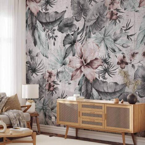 Fotomural - Naturaleza en estilo retro - paisaje con hojas y flores en tonos grises