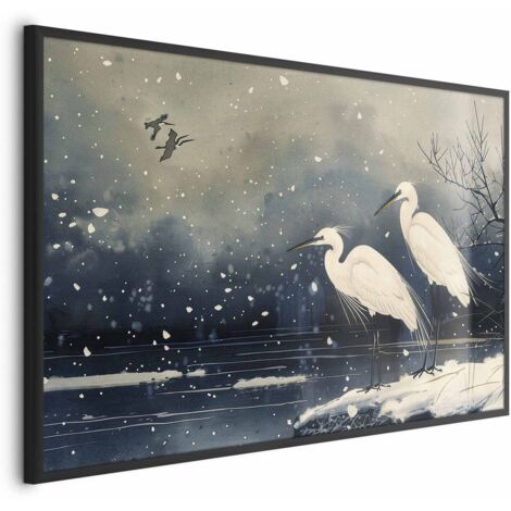 Póster - Garzas junto al estanque invernal - Ilustración de estilo japonés en colores oscuros (1/4)