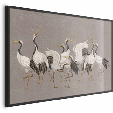Póster - Danza de las Grullas - brillantes siluetas de aves sobre un fondo texturizado gris cálido (1/4)