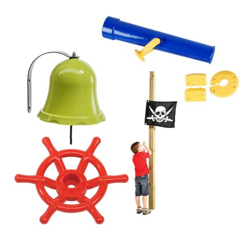 SET 4 en 1: Timón de capitán, campana, asta de bandera, telescopio