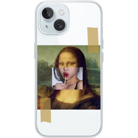Funda para iPhone 15 Plus, transparente, flexible de silicona, Mona Lisa con piruleta (1/5)