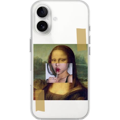 Funda para iPhone 16 Plus, transparente, flexible de silicona, Mona Lisa con piruleta (1/5)