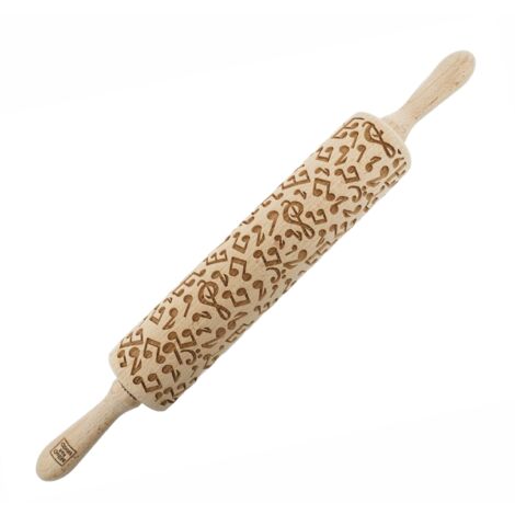 Rodillo de madera MoodForWood, grabado, 43 cm con asas, perfecto para hornear - Patrón de música y notas (1/5)