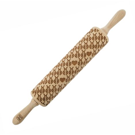 Rodillo de madera MoodForWood, grabado, 43 cm con asas, perfecto para hornear - Diseño de mariquita (1/5)