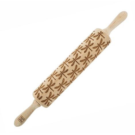 Rodillo de madera MoodForWood, grabado, 43 cm con asas, perfecto para hornear - Diseño de libélula (1/5)