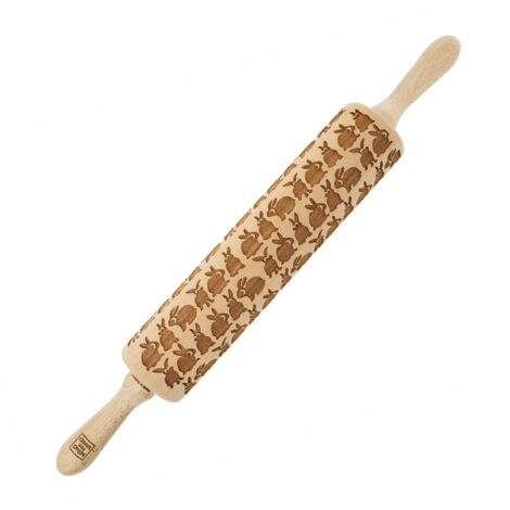 Rodillo de madera MoodForWood, grabado, 43 cm con asas, perfecto para hornear - Diseño de conejo (1/5)