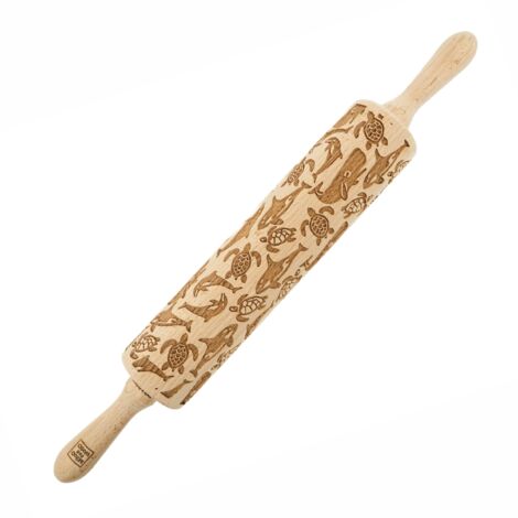 Rodillo de madera MoodForWood, grabado, 43 cm con asas, perfecto para hornear - Diseño oceánico (1/5)