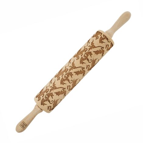 Rodillo de madera MoodForWood, grabado, 43 cm con asas, perfecto para hornear - Diseño de dragón (1/5)