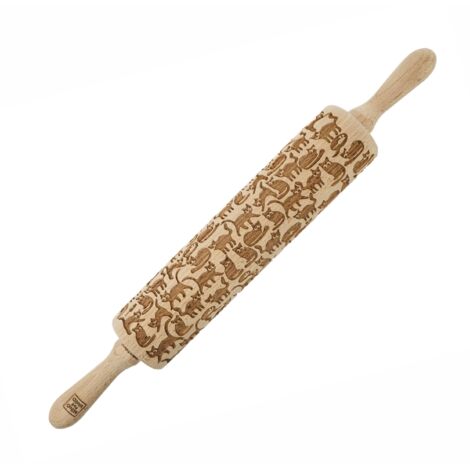 Rodillo de madera MoodForWood, grabado, 43 cm con asas, perfecto para hornear - Diseño de gatos divertidos (1/5)
