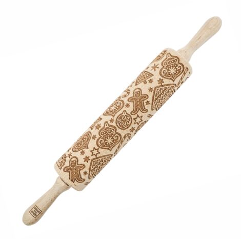Rodillo de madera MoodForWood, grabado, 43 cm con asas, perfecto para hornear - Diseño de pan de jengibre (1/5)