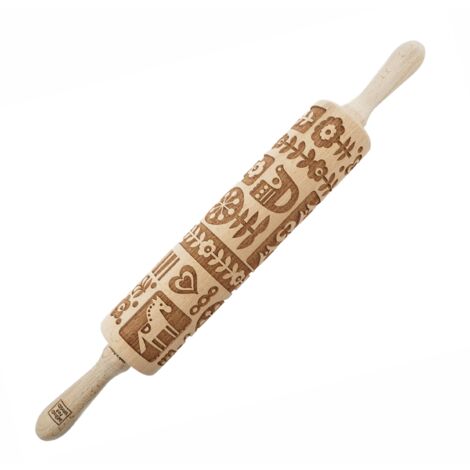 Rodillo de madera MoodForWood, grabado, 43 cm con asas, perfecto para hornear - Diseño escandinavo