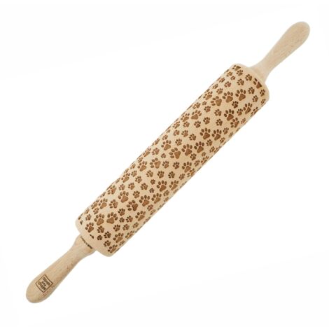 Rodillo de madera MoodForWood, grabado, 43 cm con asas, perfecto para hornear - Diseño de pata (1/5)