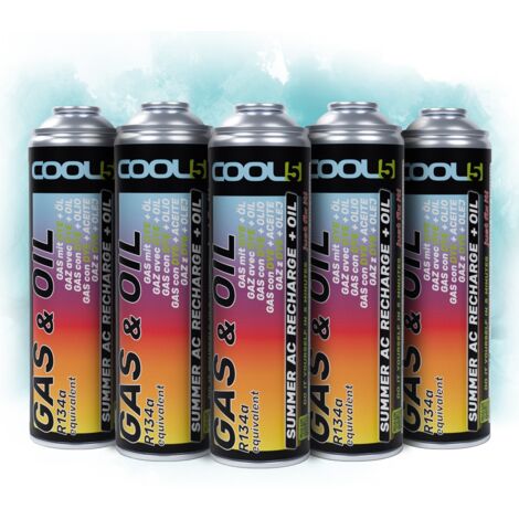 COOL5 2 en 1 - 5 latas de refrigerante R134a con aceite, para recargar el aire acondicionado de coches (1995-2016) - 5 latas + APC 500 ml
