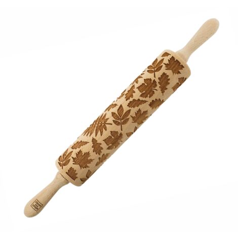 Rodillo de madera MoodForWood, grabado, 43 cm con asas, perfecto para hornear - Diseño de hojas de otoño (1/5)