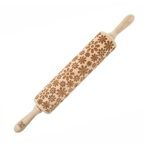 Rodillo de madera MoodForWood, grabado, 43 cm con asas, perfecto para hornear - Diseño de flores Flower Power (1/5)
