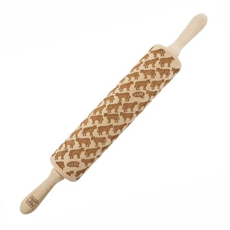 Rodillo de madera MoodForWood, grabado, 43 cm con asas, perfecto para hornear - Diseño de vaca (1/5)