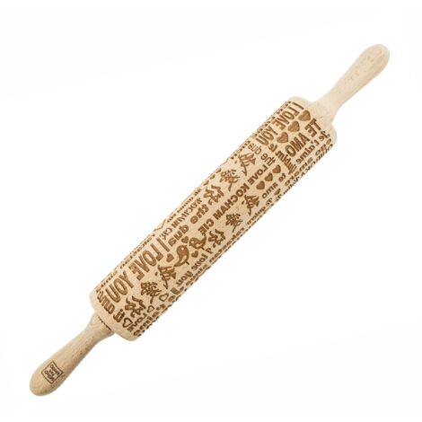 Rodillo de madera MoodForWood, grabado, 43 cm con asas, perfecto para hornear - Patrón Kocham