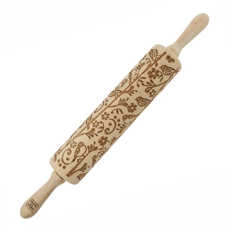 Rodillo de madera MoodForWood, grabado, 43 cm con asas, perfecto para hornear - Diseño de primavera (1/5)