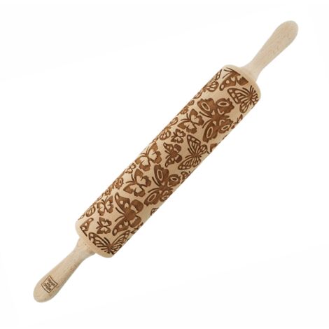 Rodillo de madera MoodForWood, grabado, 43 cm con asas, perfecto para hornear - Diseño de mariposas (1/5)