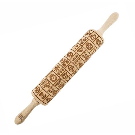 Rodillo de madera MoodForWood, grabado, 43 cm con asas, perfecto para hornear - Diseño de Pascua (1/5)