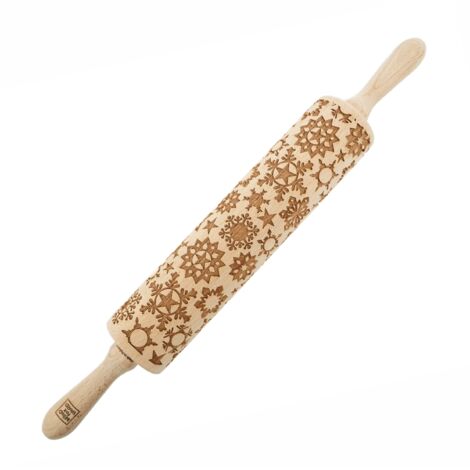 Rodillo de madera MoodForWood, grabado, 43 cm con asas, perfecto para hornear - Diseño de copos de nieve (1/5)