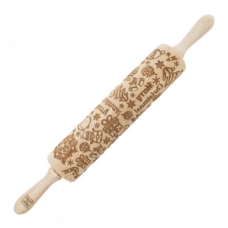 Rodillo de madera MoodForWood, grabado, 43 cm con asas, perfecto para hornear - Diseño navideño (1/5)