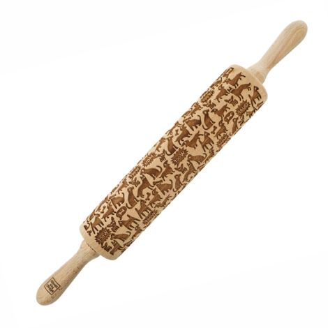Rodillo de madera MoodForWood, grabado, 43 cm con asas, perfecto para hornear - Diseño de perros