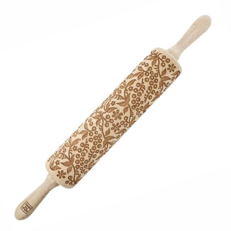 Rodillo de madera MoodForWood, grabado, 43 cm con asas, perfecto para hornear - Diseño de serbal (1/5)