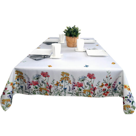 Mantel blanco con flores de colores, 130 x 180 cm. Resistente a las manchas. Colores vivos. (1/5)
