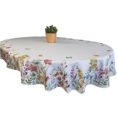 Mantel ovalado blanco con flores de colores 110/160. Resistente a las manchas. Mantel con forma de huevo.