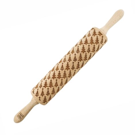 Rodillo de madera MoodForWood, grabado, 43 cm con asas, perfecto para hornear - Diseño de árbol de Navidad (1/5)