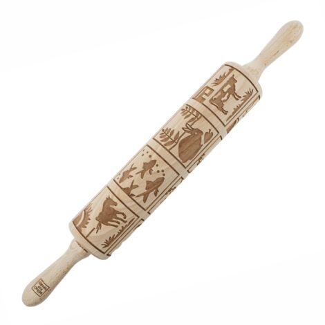 Rodillo de madera MoodForWood, grabado, 43 cm con asas, perfecto para hornear - Diseño de animales (1/5)